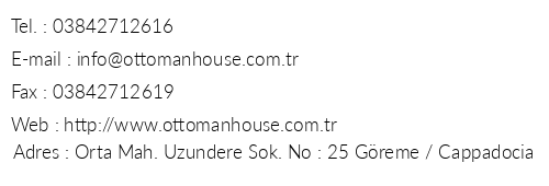 Greme Ottoman House Otel telefon numaralar, faks, e-mail, posta adresi ve iletiim bilgileri
